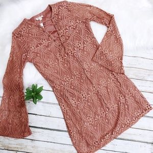 Pink Lace up Dress Lace Bell Sleeves Size Medium